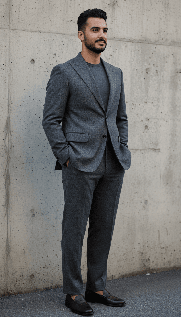 Man wearing tailored jacket and trousers in confident pose showcasing precise fit and craftsmanship details