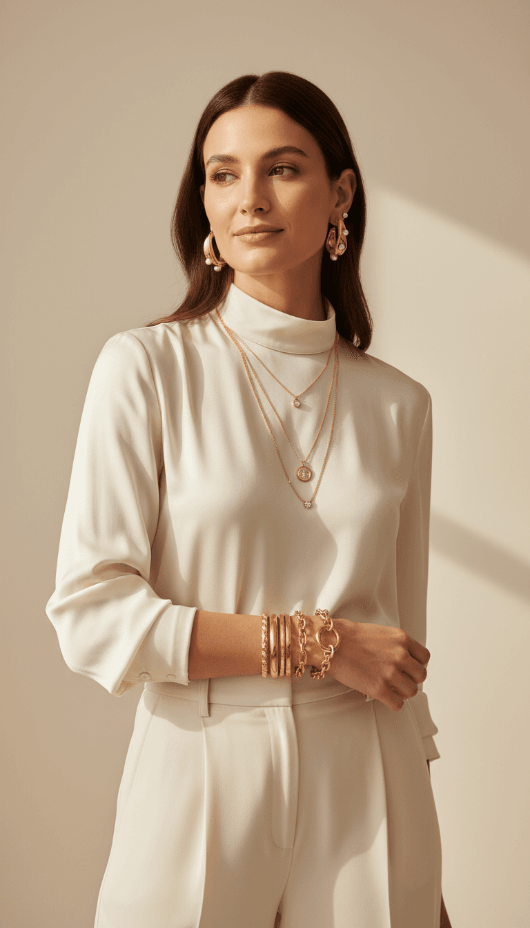 Elegant woman wearing layered gold jewelry against neutral backdrop, showcasing necklaces, bracelets, and earrings