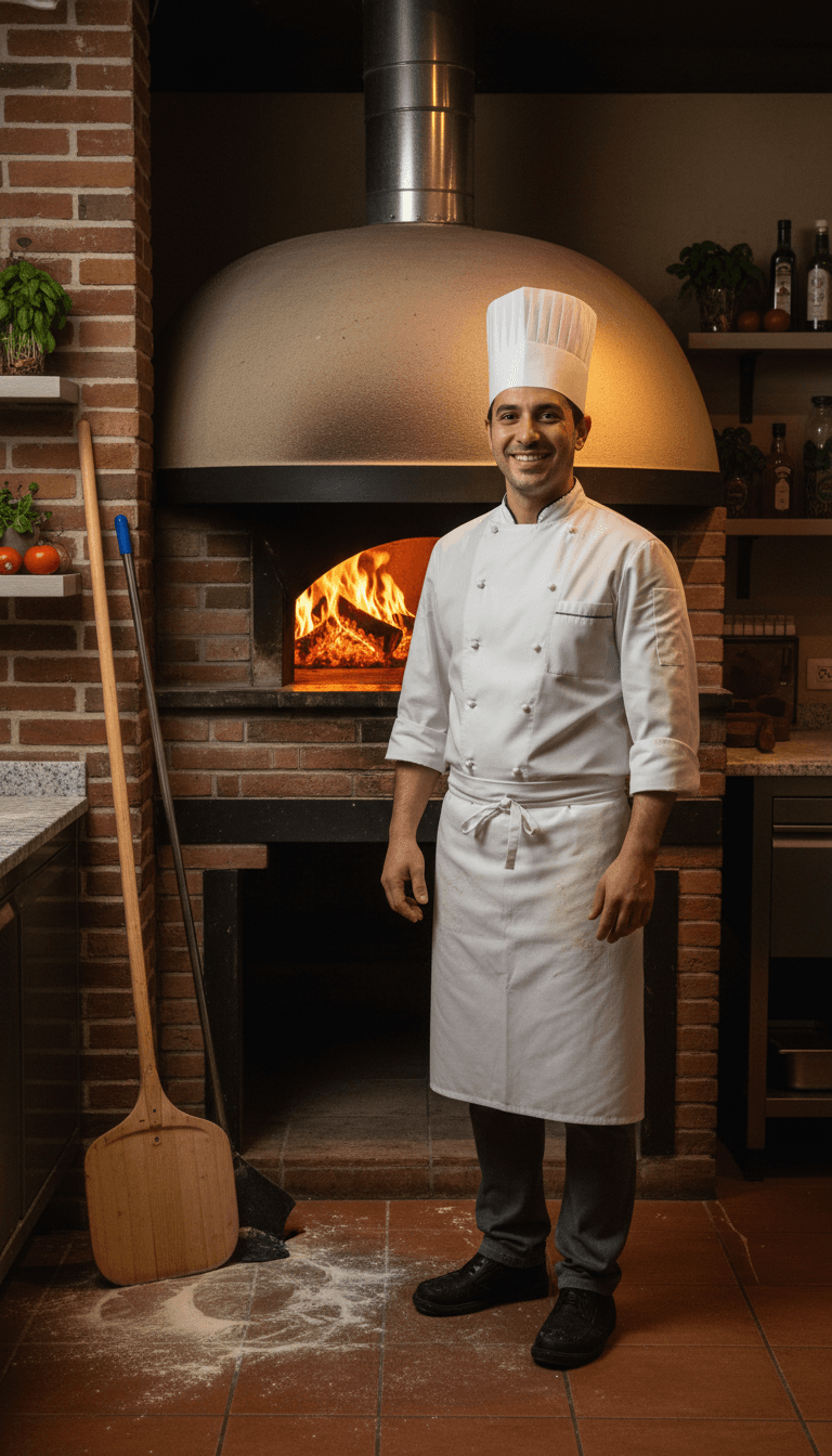 Professional pizzaiolo standing proudly in kitchen wearing flour-dusted chef coat in front of brick oven