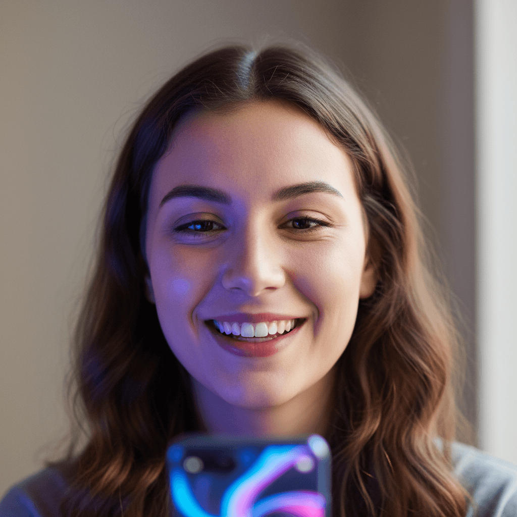 Young woman smiling during video call on smartphone with colorful screen glow illuminating her face