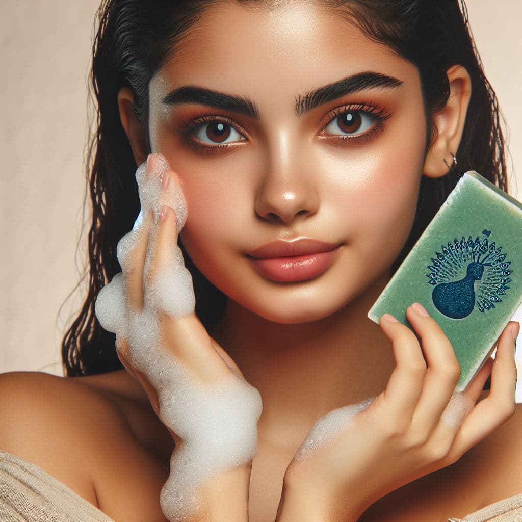 Mujer joven con espuma blanca en el rostro sosteniendo una barra de jabón verde artesanal.