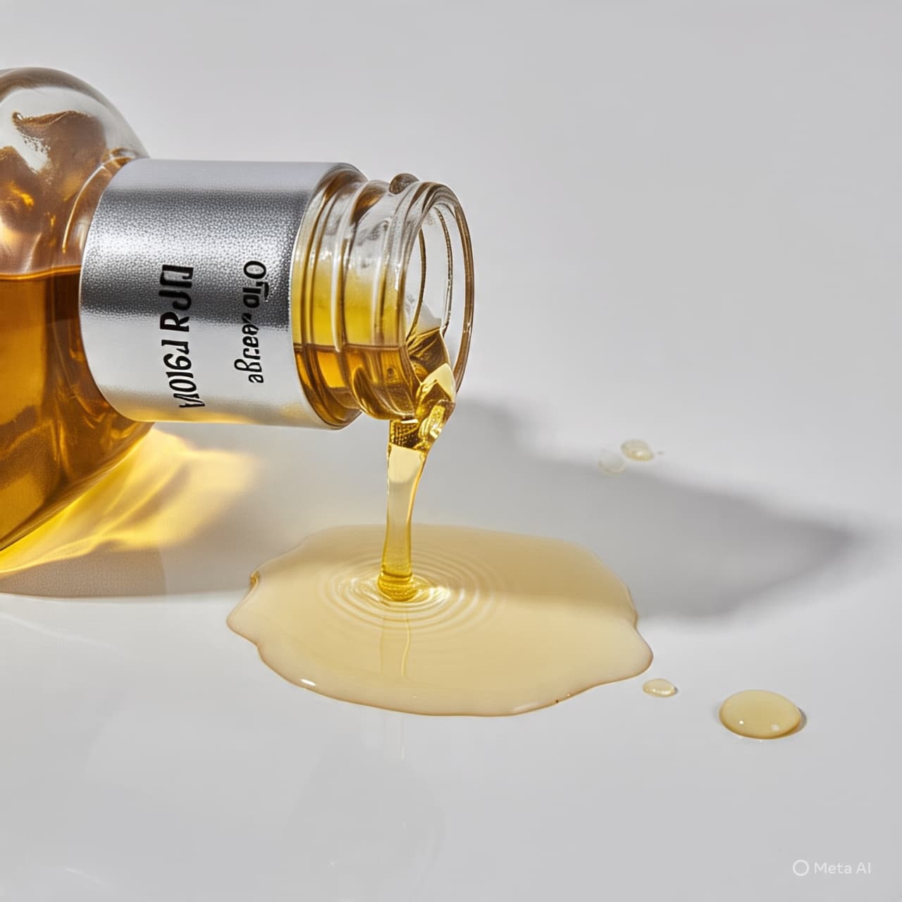 Frasco de vidrio derramando un aceite dorado viscoso que forma ondas en una superficie blanca.