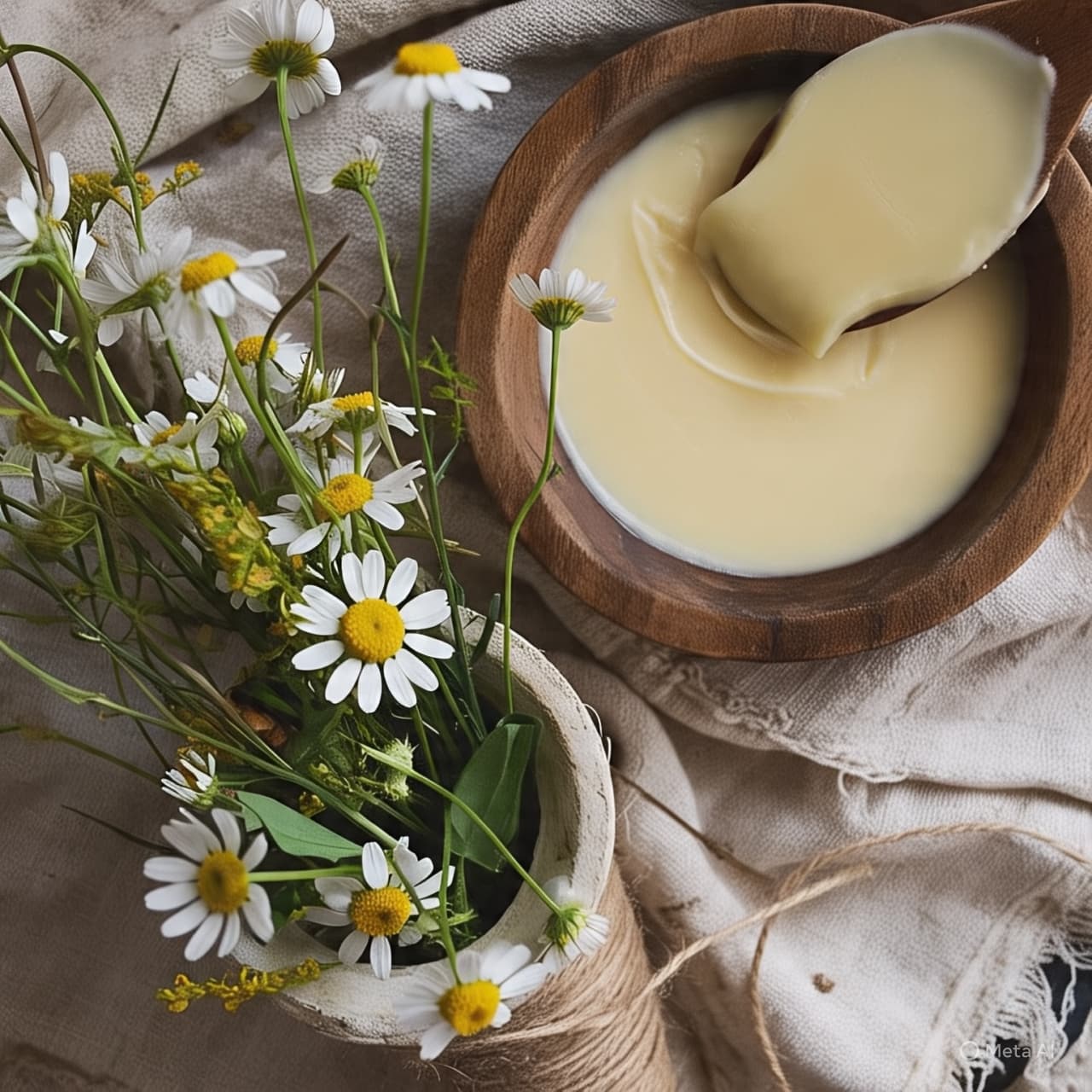 Cuenco de madera con crema suave y cuchara junto a margaritas blancas sobre tela rústica.