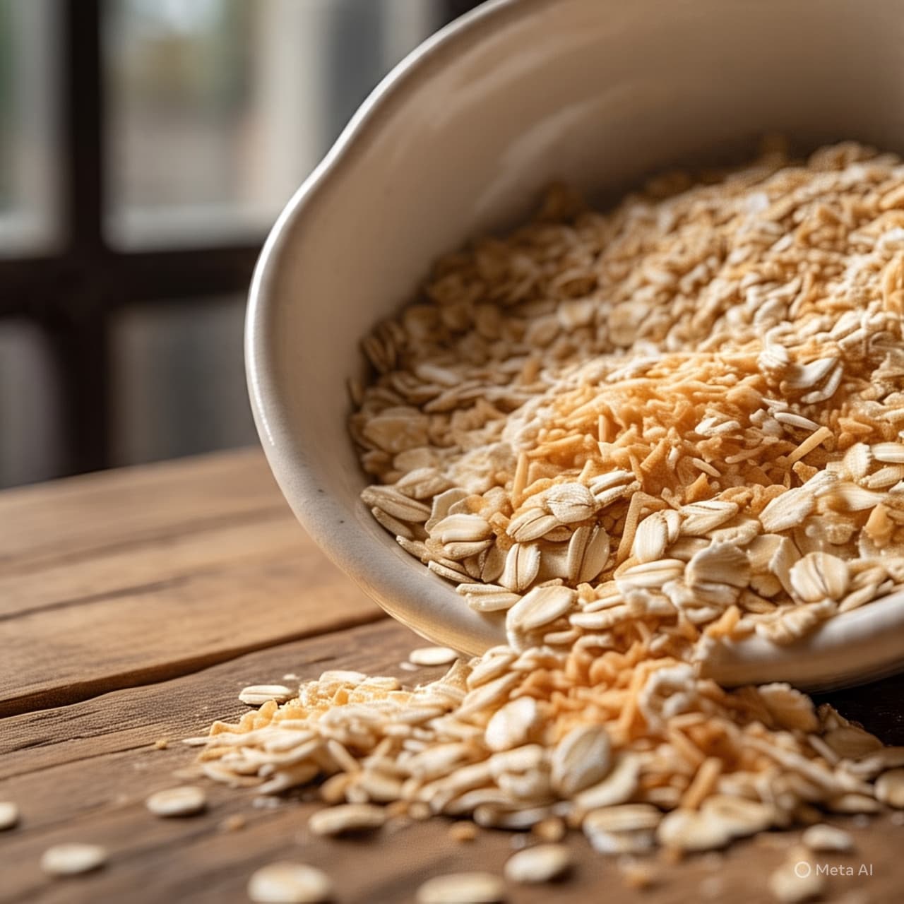 Copos de avena y coco tostado derramándose de un cuenco blanco sobre una mesa rústica.