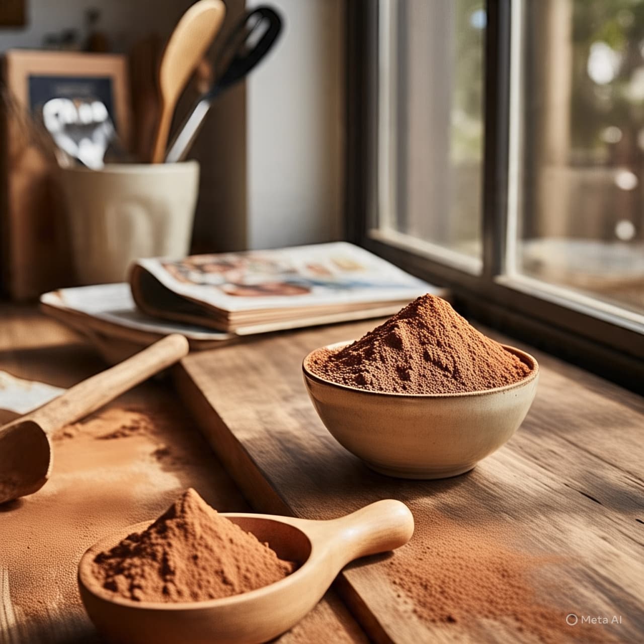 Tazón y cuchara de madera con cacao en polvo sobre una mesa rústica soleada.