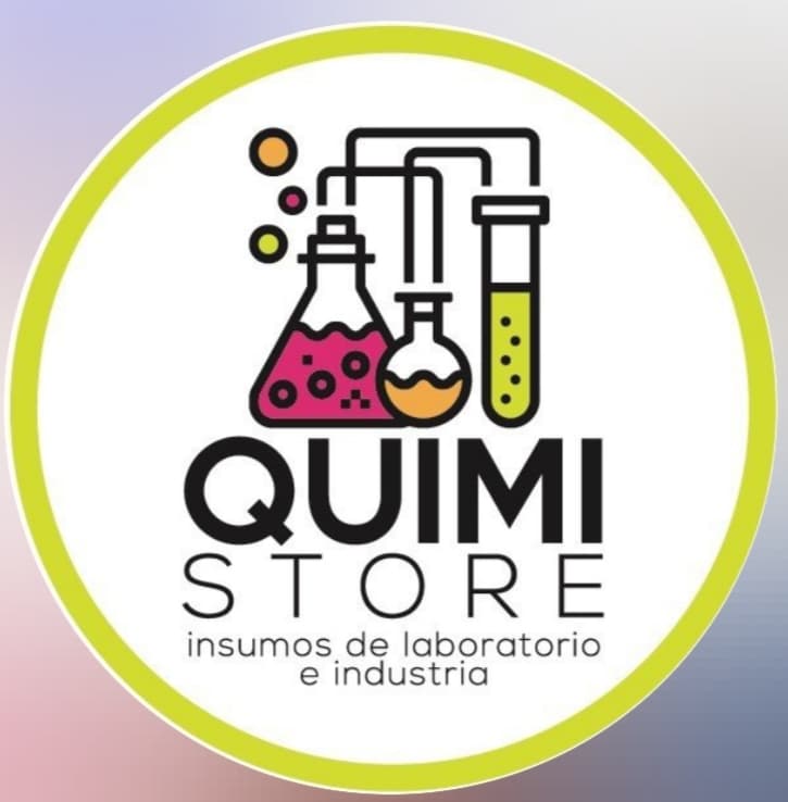 Logo de Quimi Store con matraces coloridos y texto de insumos de laboratorio e industria.
