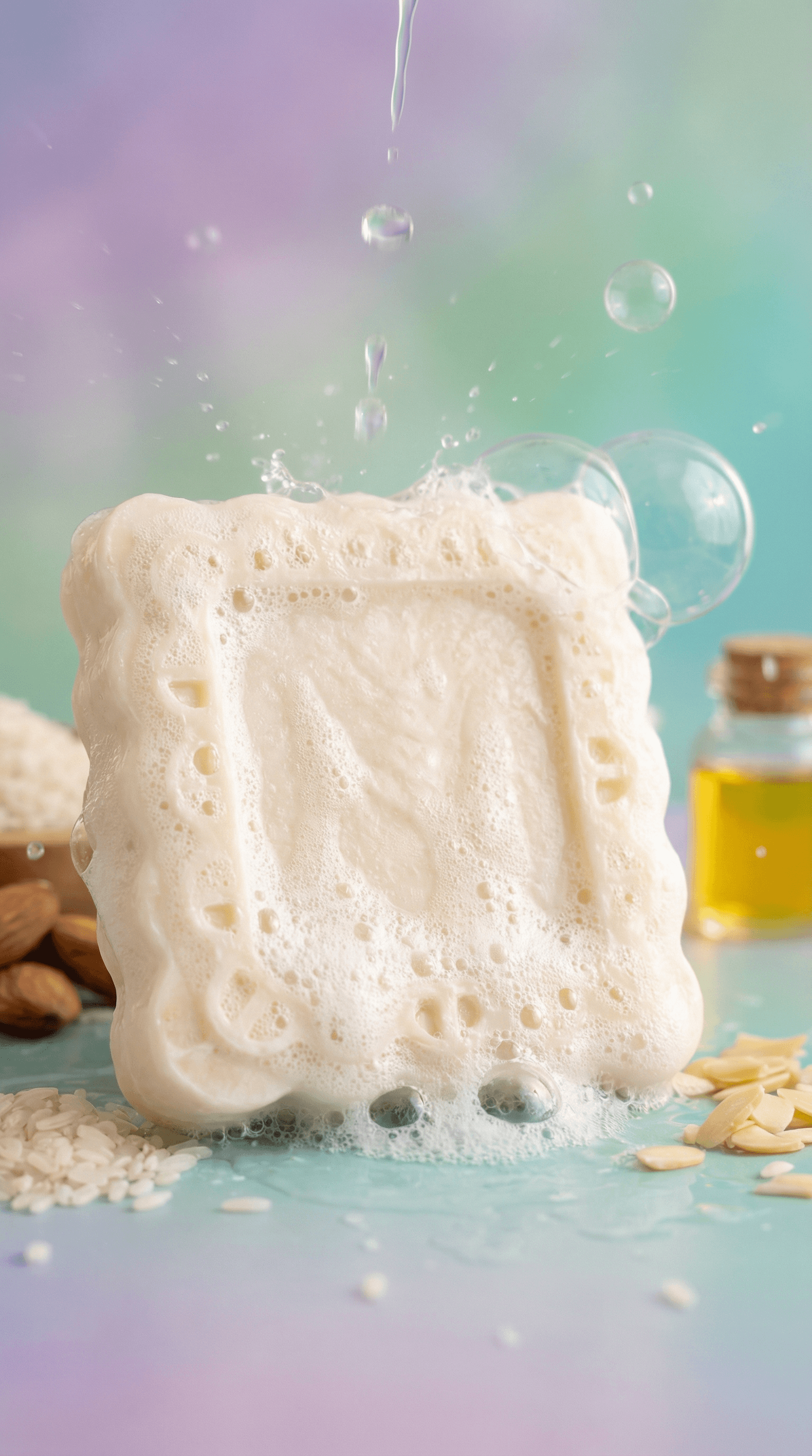Jabón blanco espumoso con gotas de agua, burbujas, almendras y arroz sobre un fondo suave.