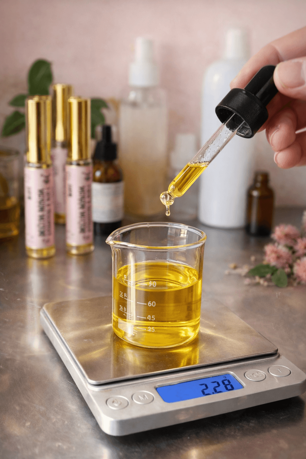 Mano vertiendo aceite amarillo con un gotero en un vaso sobre una báscula digital.