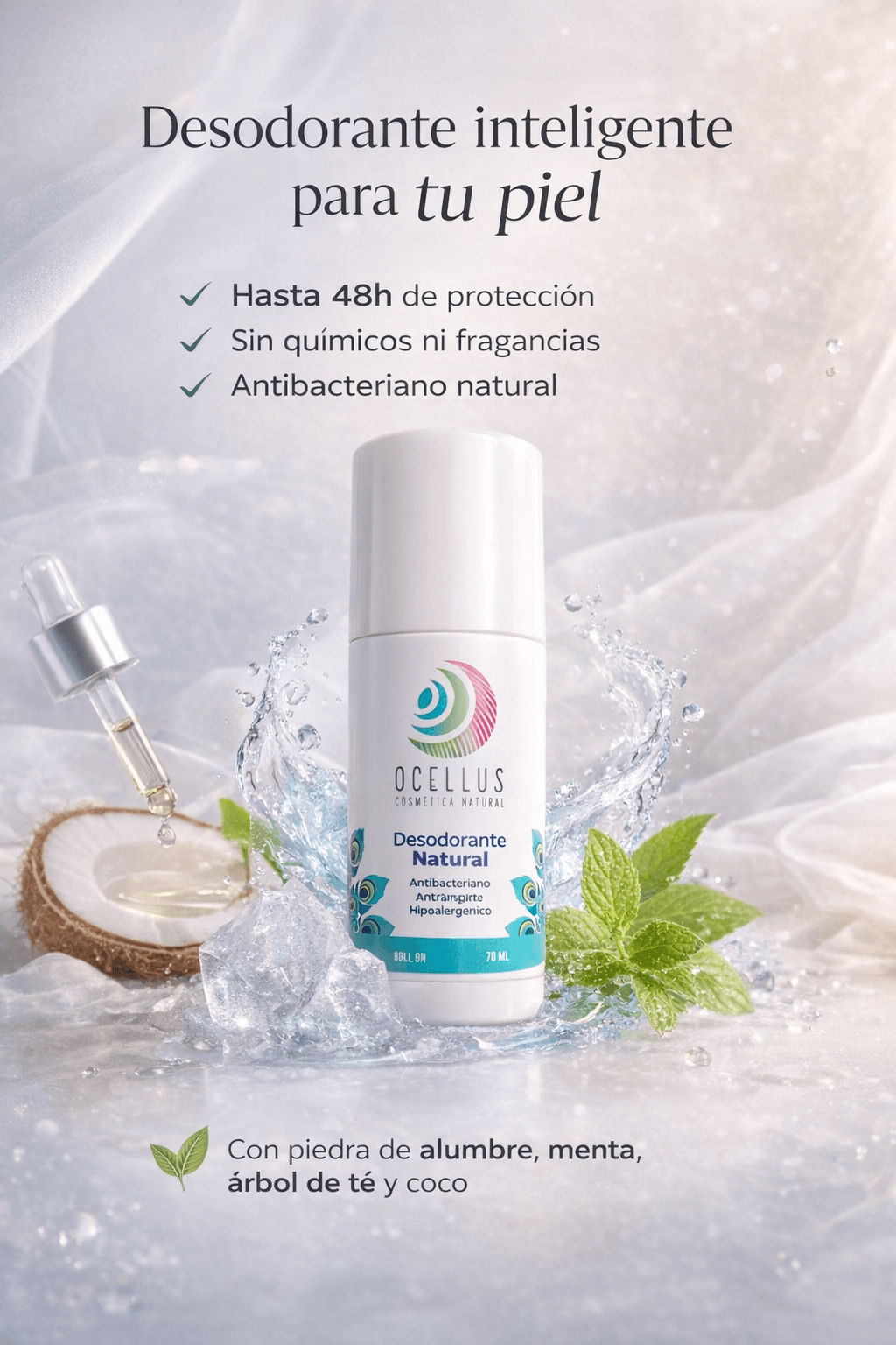 Desodorante natural Ocellus entre salpicaduras de agua, hielo, hojas de menta y medio coco fresco.