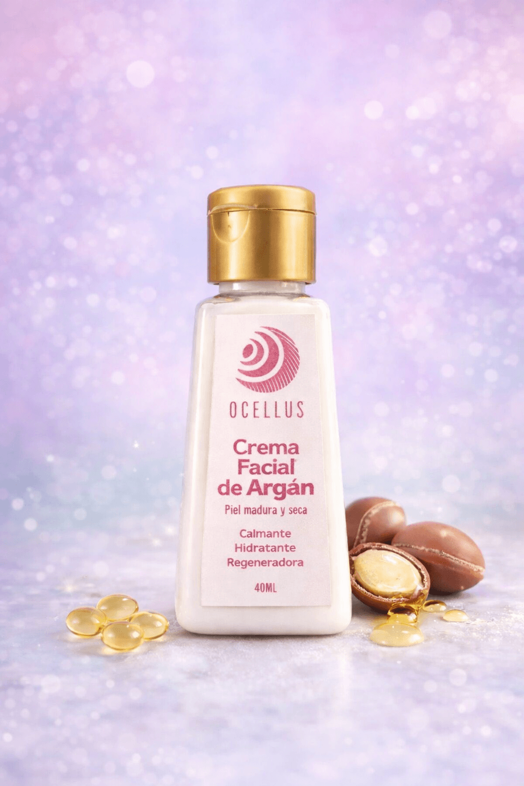 Crema facial de argán Ocellus con nueces y aceite sobre un fondo púrpura brillante.