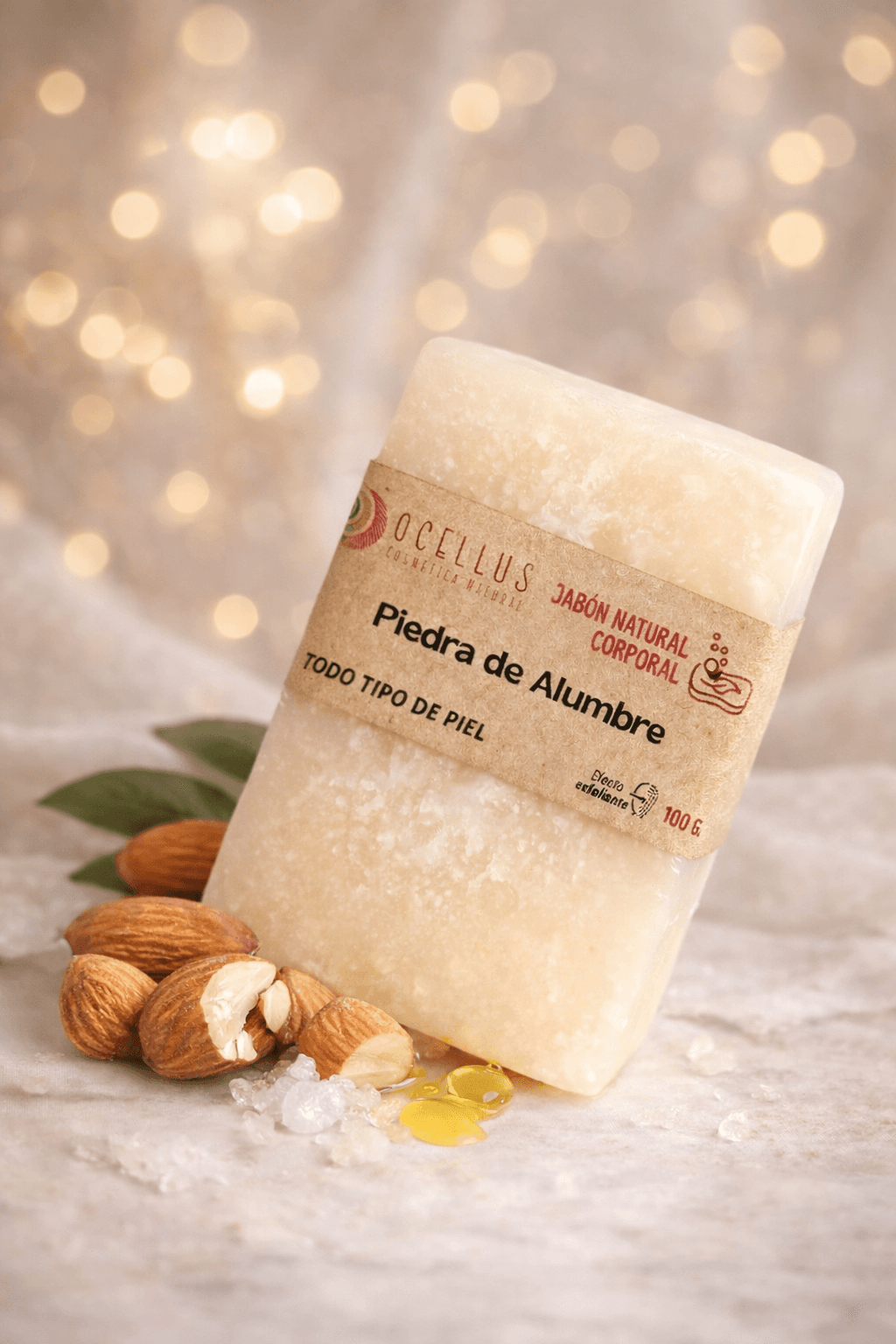Jabón natural de piedra de alumbre Ocellus rodeado de almendras y cristales de sal.